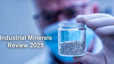 man with jar of sediment and text reading "industrial minerals review 2025"